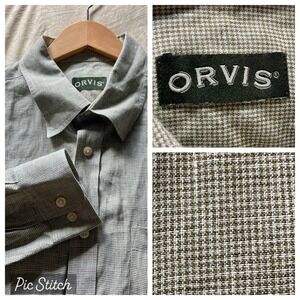 Orvis Mens XL 100% Linen Long Sleeve Button Up Houndstooth Dusky Olive Green